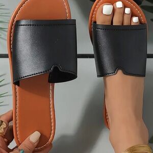 Black Solid Color Slide Sandals, Casual Open Toe Flat Summer Shoes
